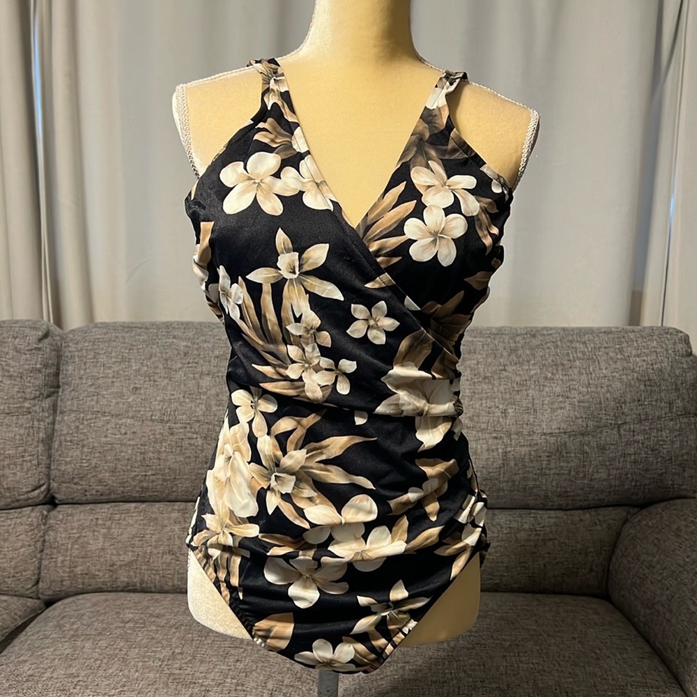 Covington Black & Tan Floral One Piece Swimsuit Size 16